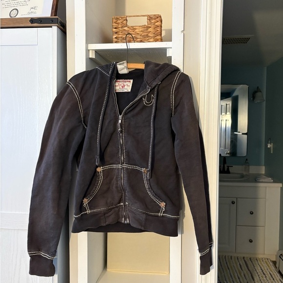 True Religion Jackets & Blazers - True Religion Black Hoodie Jacket with Contrast Stitching